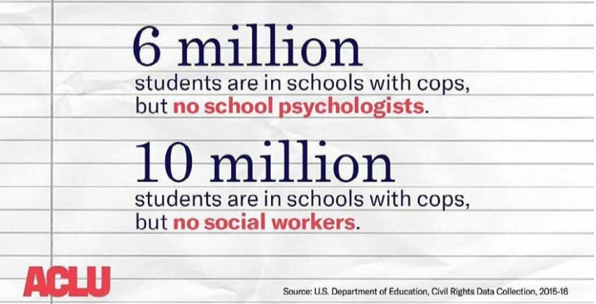 An image that reads "6 million students are in schools with cops but no school psychologists, 10 million students are in schools with cops, but no social workers."